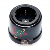 Ретро розетка электрическая с заземлением и шторками, черный с росписью под Хохлому, OP12BL.HL Salvador