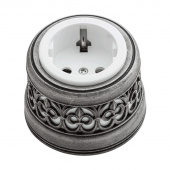 Ретро розетка с заземлением и шторками, белый/ состаренное серебро, OP12DN.WT Salvador