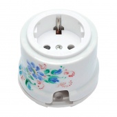 Ретро розетка электрическая с заземлением и шторками, белый с росписью Жостово, OP12WT.RJ Salvador