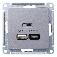 Дизайнерская розетка USB разъем A+C двойная, сталь, ATN000929 Schneider Electric, серия Atlas Design