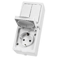 Дизайнерский выключатель двухклавишный + розетка с заземлением, шторками и с крышкой IP54, белый, SQ1803-1013 TDM ELECTRIC, вертикальный блок, серия Вуокса