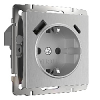 Дизайнерская розетка с заземлением и шторками + 2хUSB разъем A+C (с быстрой зарядкой), серебряный рифленый, W1171709 Werkel