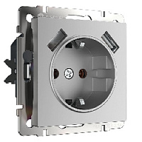 Дизайнерская розетка с заземлением и шторками + 2хUSB разъем A+A, серебряный глянцевый, W1171506 Werkel