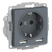 Дизайнерская розетка с заземлением + 2хUSB разъем A+A, грифель, ATN000730 Schneider Electric, серии Atlas Design
