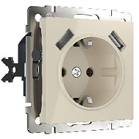 Дизайнерская розетка с заземлением и шторками + 2хUSB разъем A+A, слоновая кость глянцевый, W1171503 Werkel