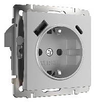 Дизайнерская розетка с заземлением и шторками + 2хUSB разъем A+C (с быстрой зарядкой), серебряный глянцевый, W1171706 Werkel