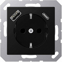 Дизайнерская розетка с заземлением + 2хUSB разъем A+C (с быстрой зарядкой), матовый черный, 85507PB Wedder, 5V 3A, 12V 1,5A,  max. 18W