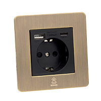 Дизайнерская розетка с/з и шторками электрическая с USB(A+C) Vega Бронза браш, BVBRSSUSBTC Bonze