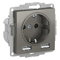 Дизайнерская розетка с заземлением + 2хUSB разъем A+A, сталь, ATN000930 Schneider Electric, серии Atlas Design