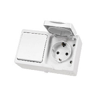 Дизайнерский выключатель одноклавишный + розетка с заземлением, шторками и с крышкой IP54, белый, SQ1803-1010 TDM ELECTRIC, горизонтальный блок, серия Вуокса