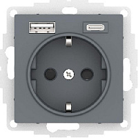 Дизайнерская розетка с заземлением + 2хUSB разъем A+C, грифель, ATN000732 Schneider Electric, серии Atlas Design