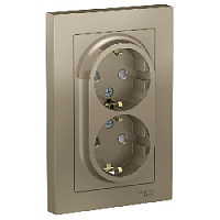Дизайнерская двойная розетка с заземлением и шторками, шампань, ATN000526 Schneider Electric, серия Atlas Design