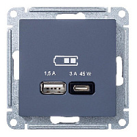 Дизайнерская розетка USB разъем A+C двойная, грифель, ATN000729 Schneider Electric, серия Atlas Design