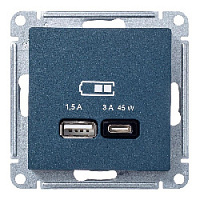 Дизайнерская розетка USB разъем A+C двойная, изумруд, ATN000829 Schneider Electric, серия Atlas Design