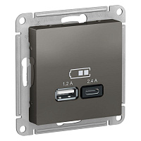 Дизайнерская розетка USB разъем A+C двойная, сталь, ATN000939 Schneider Electric, серия Atlas Design