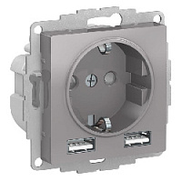 Дизайнерская розетка с заземлением + 2хUSB разъем A+A, алюминий, ATN000330 Schneider Electric, серии Atlas Design