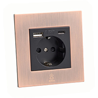 Дизайнерская розетка с/з и шторками электрическая с USB(A+C) Aura Медь браш, BACSSUSBTC Bonze