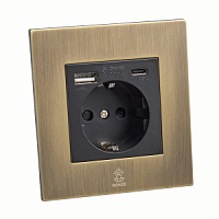 Дизайнерская розетка с/з и шторками электрическая с USB(A+C) Aura Бронза браш, BABRSSUSBTC Bonze