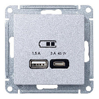 Дизайнерская розетка USB разъем A+C двойная, алюминий, ATN000329 Schneider Electric, серия Atlas Design