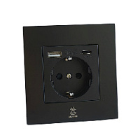 Дизайнерская розетка с/з и шторками электрическая с USB(A+C) Aura Черный уголь, BABSSUSBTC Bonze