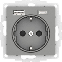 Дизайнерская розетка с заземлением + 2хUSB разъем A+C, сталь, ATN000932 Schneider Electric, серии Atlas Design