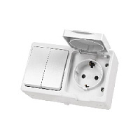 Дизайнерский выключатель двухклавишный + розетка с заземлением, шторками и с крышкой IP54, белый, SQ1803-1012 TDM ELECTRIC, горизонтальный блок, серия Вуокса