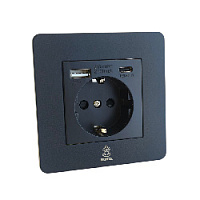 Дизайнерская розетка с/з и шторками электрическая с USB(A+C) Vega Черный песок, BVBSSUSBTC Bonze