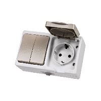 Дизайнерский выключатель двухклавишный + розетка с заземлением, шторками и с крышкой IP54, белый/серый, SQ1803-0012 TDM ELECTRIC, горизонтальный блок, серия Вуокса