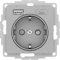 Дизайнерская розетка с заземлением + 2хUSB разъем A+C, алюминий, ATN000332 Schneider Electric, серии Atlas Design