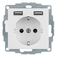 Дизайнерская розетка с заземлением + 2хUSB разъем, полярная белизна, глянцевый, 48038989 Berker, серия S.1