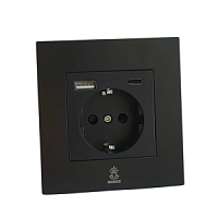 Дизайнерская розетка с/з и шторками электрическая с USB(A+C) Aura Черный уголь, BABSSUSBTC Bonze