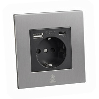 Дизайнерская розетка с/з и шторками электрическая с USB(A+C) Aura Никель браш, BANSSUSBTC Bonze