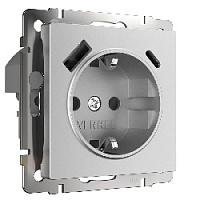 Дизайнерская розетка с заземлением и шторками + 2хUSB разъем A+C (с быстрой зарядкой), серебряный матовый, W1171765 Werkel