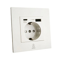 Дизайнерская розетка с/з и шторками электрическая с USB(A+C) Aura Белый лед, BAWSSUSBTC Bonze