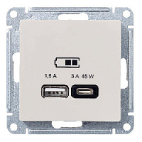 Дизайнерская розетка USB разъем A+C двойная, бежевый, ATN000229 Schneider Electric, серия Atlas Design