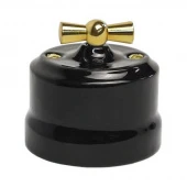 Ретро выключатель Verona черный, KVGSw2-K04 Edisel двухклавишный с золотой ручкой