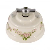 Ретро выключатель, розовые цветы, проходной, ручка серебро, ВППРС ЛЕАНЗА одноклавишный