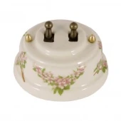 Ретро выключатель, розовые цветы, тумблер бронза, ВР2РБ ЛЕАНЗА двухклавишный