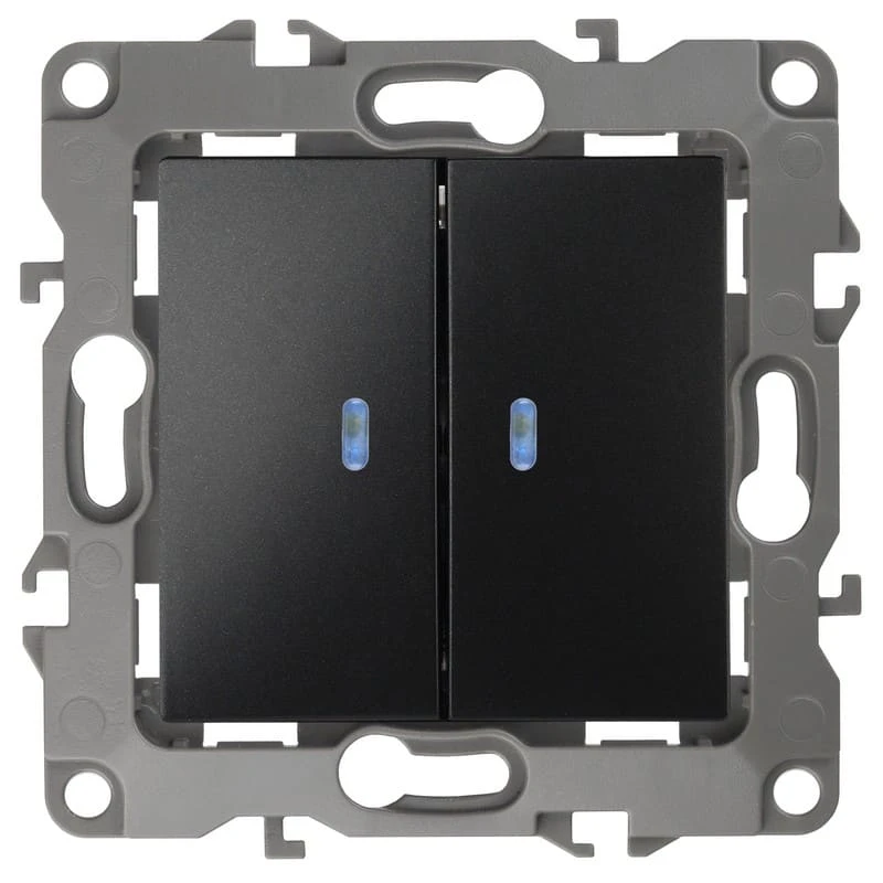 Дизайнерский выключатель с подсветкой, антрацит, Б0014661 Эра, двухклавишный, серия 12 Дизайнерский выключатель с подсветкой, антрацит, Б0014661 Эра, двухклавишный, серия 12