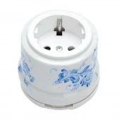 Ретро розетка электрическая с заземлением и шторками, белый с росписью под Гжель, ОР12WT.GZ Salvador