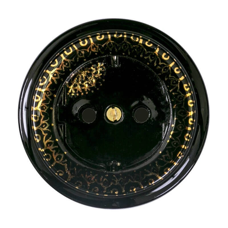 Ретро розетка Императорская с заземлением, черный с золотой росписью, GE90301-05E ТМ МезонинЪ Ретро розетка Императорская с заземлением, черный с золотой росписью, GE90301-05E ТМ МезонинЪ