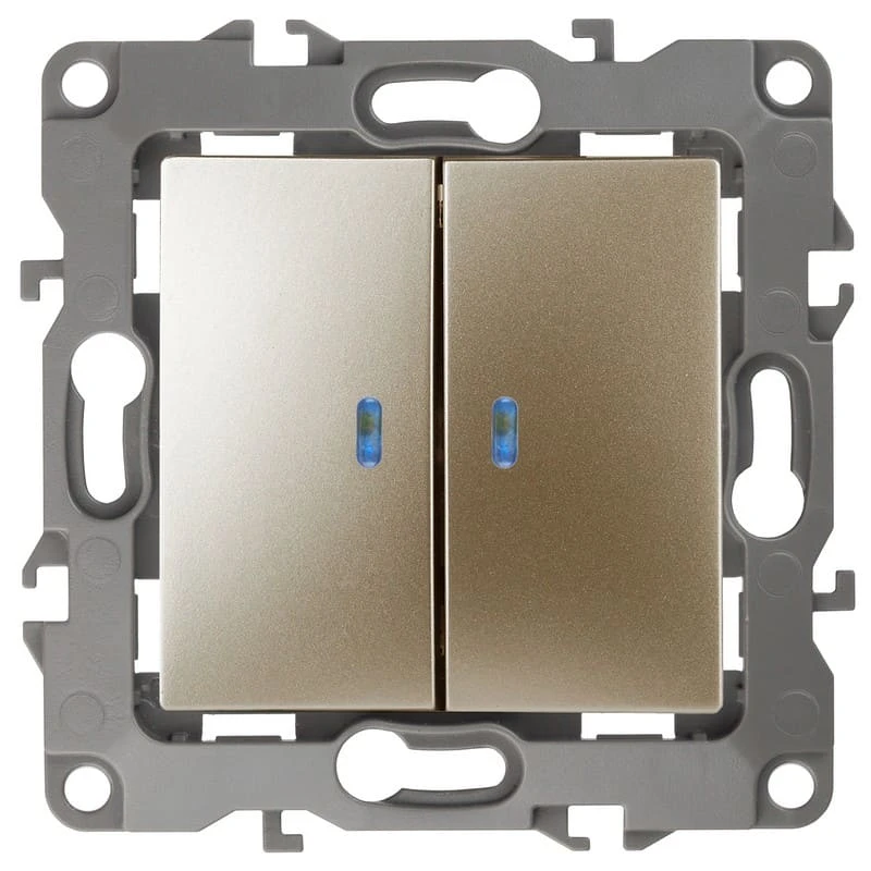 Дизайнерский выключатель с подсветкой, шампань, Б0014660 Эра, двухклавишный, серия 12 Дизайнерский выключатель с подсветкой, шампань, Б0014660 Эра, двухклавишный, серия 12
