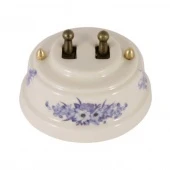 Ретро выключатель, синие цветы, тумблер бронза, ВР2ВБ ЛЕАНЗА двухклавишный