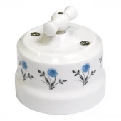 Ретро выключатель белый с узором васильки 34018 Lindas одноклавишный проходной