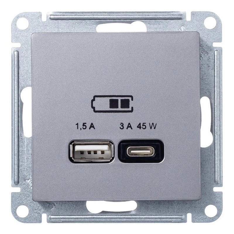 Дизайнерская розетка USB разъем A+C двойная, сталь, ATN000929 Schneider  Electric, серия Atlas Design