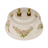 Ретро выключатель, розовые цветы, тумблер золото, ВР2РЗ ЛЕАНЗА двухклавишный