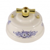 Ретро выключатель, синие цветы, ручка золото, ВП2ВЗ ЛЕАНЗА двухклавишный